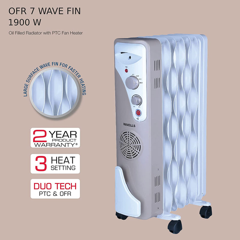 Havells OFR 7 Wave Fins with Fan 1900 watt (Beige), (GHROFBYC190) white