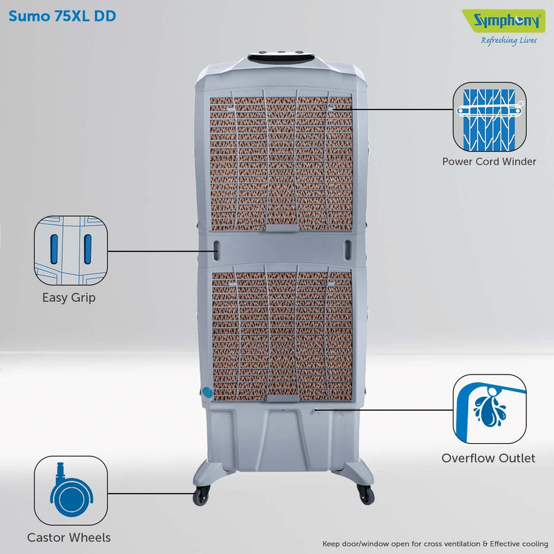 Symphony Sumo 75 XL DD Desert Air Cooler For Home, Powerful +Air Fan, i-Pure Console and Unique Double Decker Design (75L, Grey)