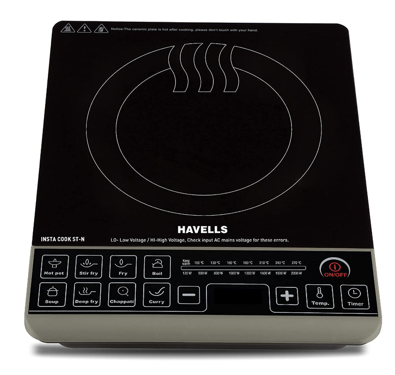 Havells Insta Cook ST-N Energy Efficent Induction (Black), 2000 Watt, with 9 Cooking Option, Digital LED Dispay, Auto Pan Detection Sensor & Copper Coil with 3 Year Warranty