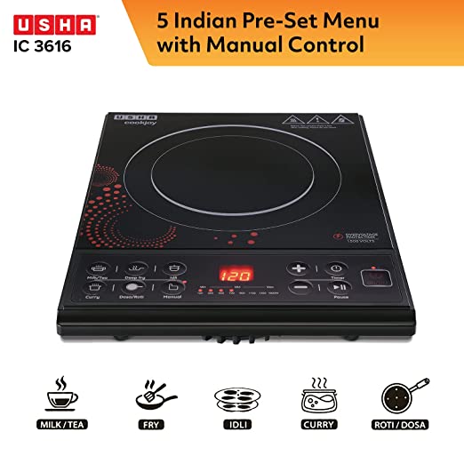 USHA Cook Joy (3616) 1600-Watt Copper Sealed Induction Cooktop (Black)