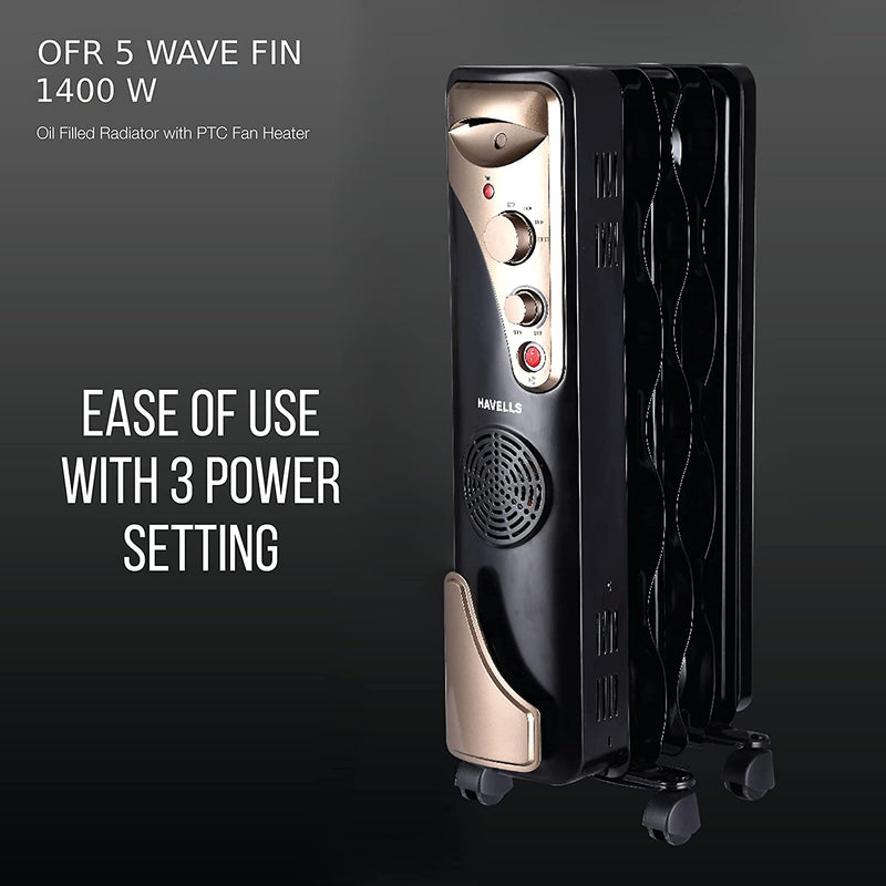 Havells OFR 5 Wave Fins with Fan 1400 watt (Black), (GHROFBXK140)