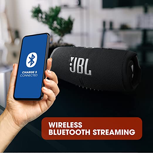 JBL Charge 5, Wireless Portable Bluetooth Speaker with JBL Pro Sound, 20 Hrs Playtime, Powerful Bass Radiators, Built-in 7500mAh Powerbank, PartyBoost, IP67 Water & Dustproof (Without Mic, Black)