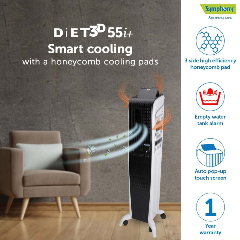 Symphony Diet 3D 55i+ Portable Tower Air Cooler (55L, White & Black)