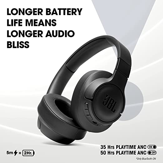 JBL Tune 760NC, Over Ear Active Noise Cancellation Headphones with Mic, up to 50 Hours Playtime, JBL Pure Bass, Google Fast Pair, Dual Pairing, AUX & Voice Assistant Support for Mobile Phones (Black)