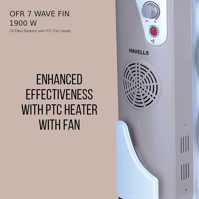 Havells OFR 7 Wave Fins with Fan 1900 watt (Beige), (GHROFBYC190) white