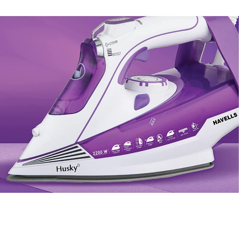 HAVELLS Husky 2200 W Steam Iron with Auto Shut Off, Steam Boost, Vertical, Horizontal Ironing, Anti Drip, Self-Cleaning & Anti Calc Technology. (Purple)