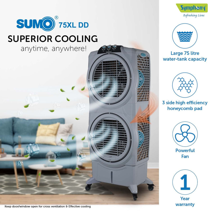 Symphony Sumo 75 XL DD Desert Air Cooler For Home, Powerful +Air Fan, i-Pure Console and Unique Double Decker Design (75L, Grey)