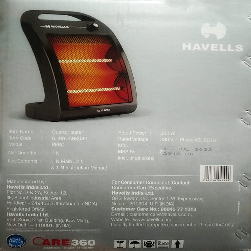 Havells Bero Quartz Heater Black 800w 2 Heat Settings 2 Year Product Warranty