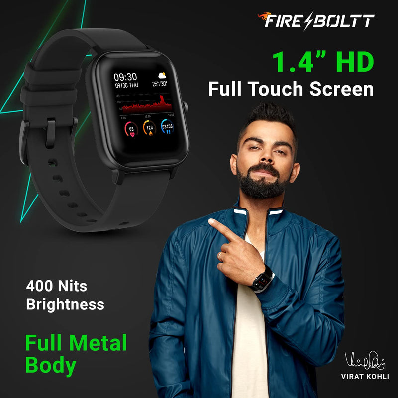 Fire-Boltt SpO2 Full Touch 1.4 inch Smart Watch 400 Nits Peak Brightness Metal Body with 24*7 Heart Rate monitoring IPX7 with Blood Oxygen, Fitness, Sports & Sleep Tracking (Black)