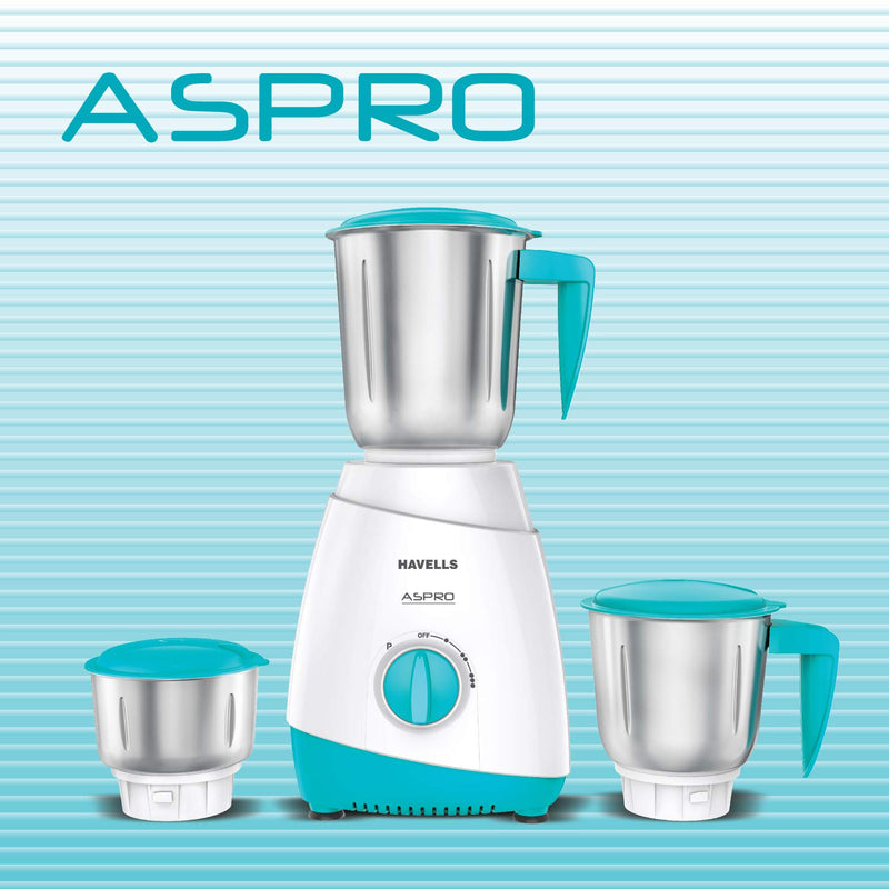 Havells ASPRO 500 Watt Mixer Grinder with 3 Stainless Steel Jar (White & Light Blue)