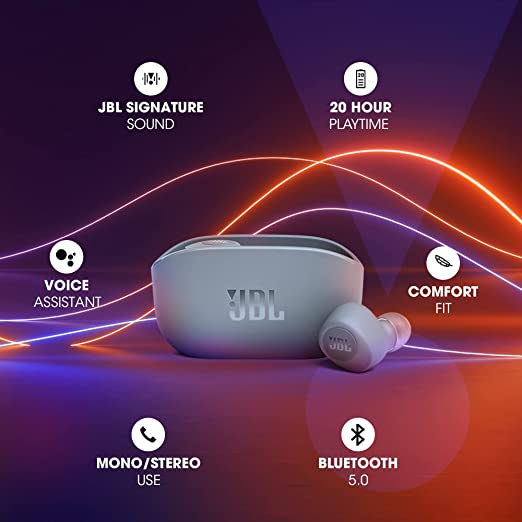 Jbl Wave 100 Bluetooth Truly Wireless in Ear Earbuds with Mic, 20 Hours Playtime, Deep Bass Sound, Use Single Earbud Or Both, Bluetooth 5.0, Voice Assistant Support for Mobile Phones (Blue)