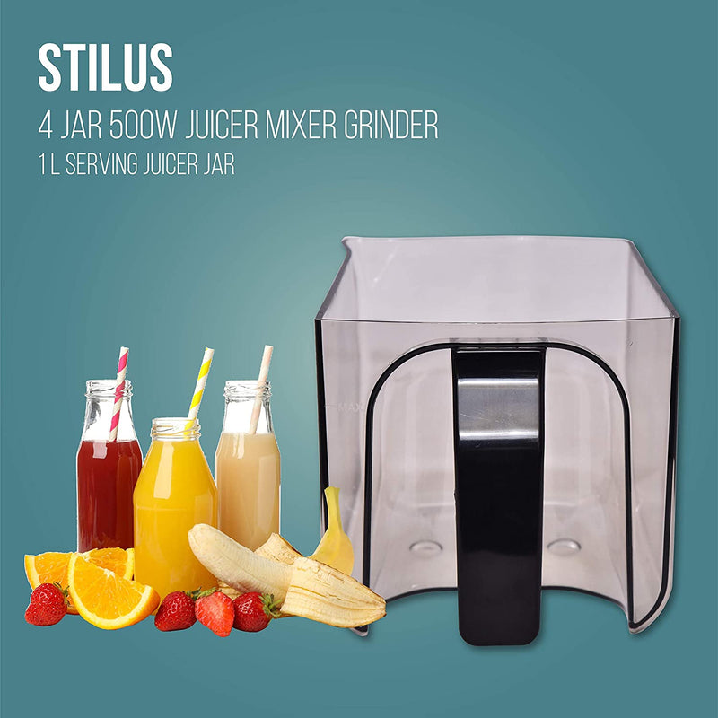 Havells Stilus 500 Watt Juicer Mixer Grinder 4 jar with 3 Speed LED Indication, Big Size Pulp Container, Juicer Jar with Fruit Filter & Sliding Spout, 1 Ltr Transparent Serving Jar (White/Black)