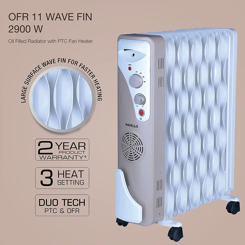 Havells OFR 11 Wave Fins Heater with Fan Beige 2900 Watts