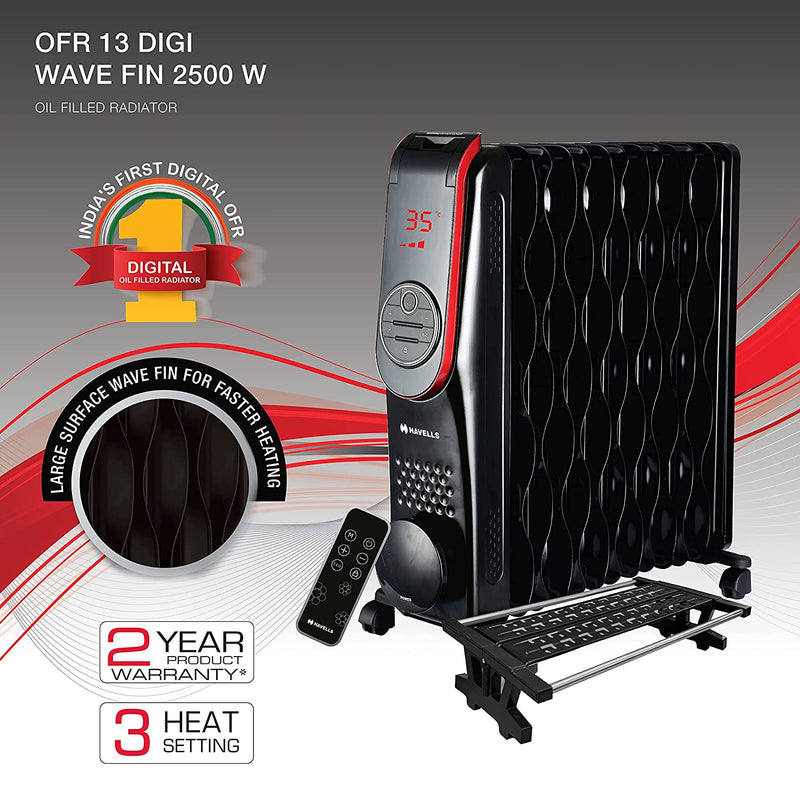 Havells Digital OFR 13 Wave Fin 2500 Watt Oil Filled Radiator (Black) (GHROFBNK250)