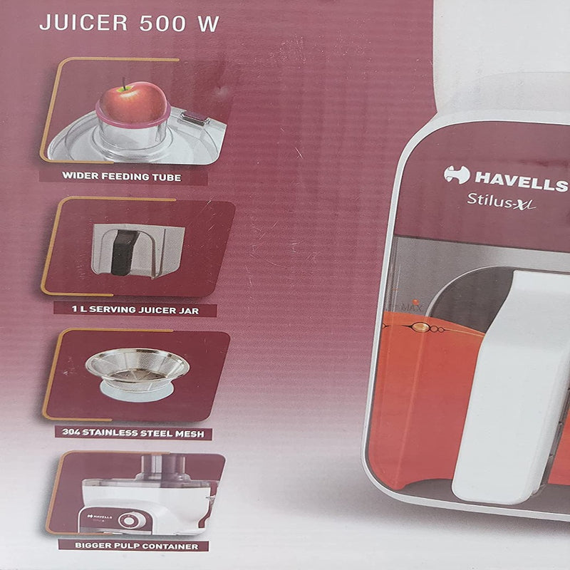 Havells STILUS XL Juicer, 500 w, wide  feeding tube, dual  pusher, 1 L juicer Jar