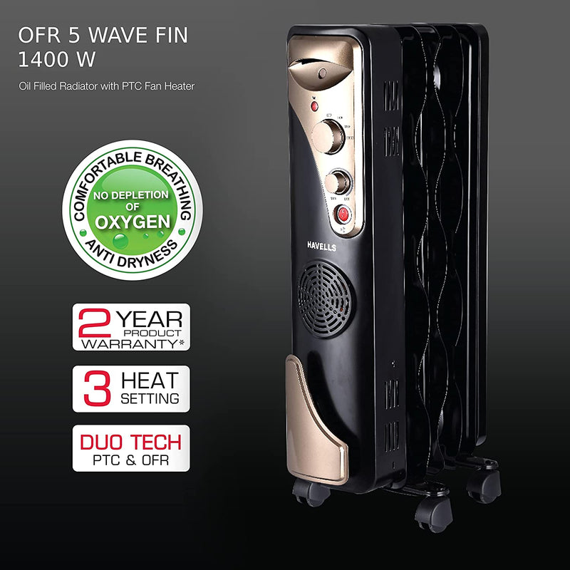 Havells OFR 5 Wave Fins with Fan 1400 watt (Black), (GHROFBXK140)