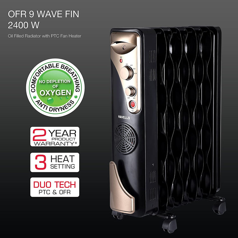 Havells OFR 9 Wave Fin with PTC 2400 Watts Fan Heater (Black)