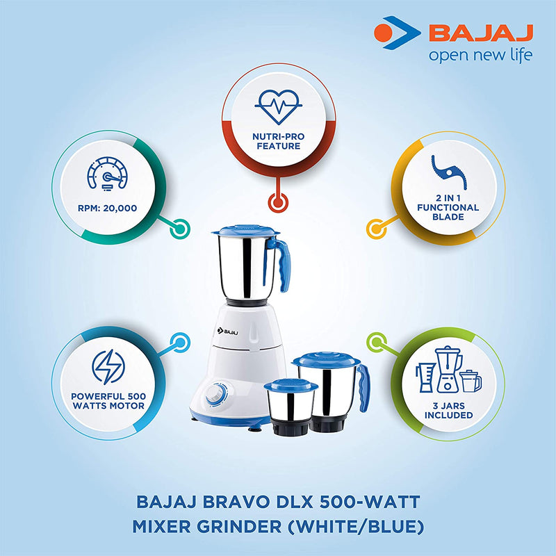 Bajaj Bravo Dlx 500-Watt Mixer Grinder (White/BLUE)