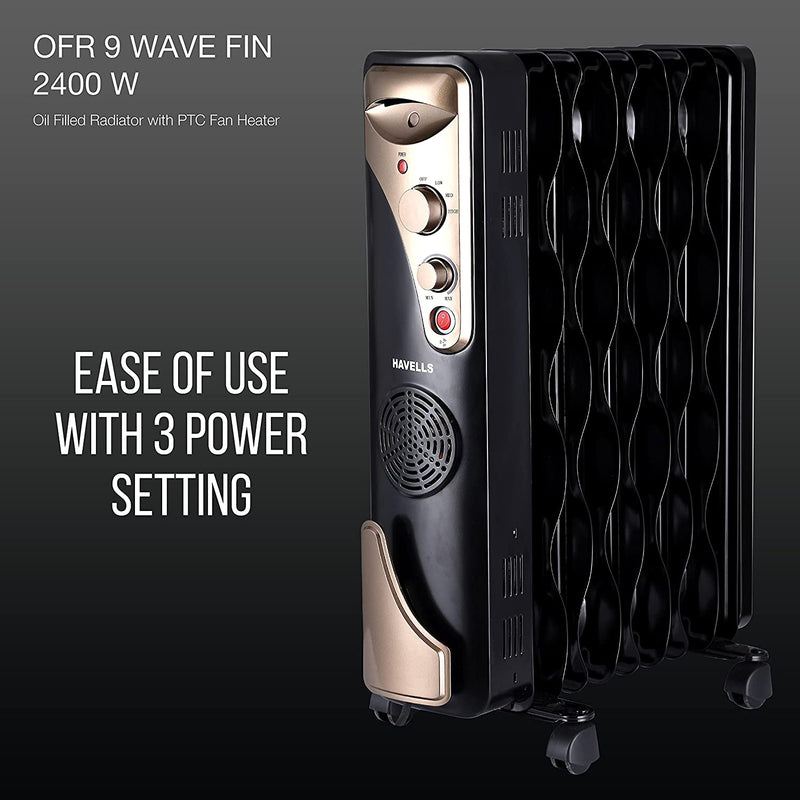 Havells OFR 9 Wave Fin with PTC 2400 Watts Fan Heater (Black)