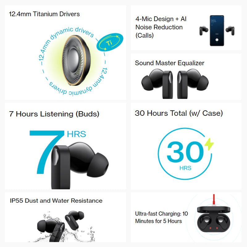 OnePlus Nord Buds True Wireless in Ear Earbuds with Mic, 12.4mm Titanium Drivers, Playback:Up to 30hr case, 4-Mic Design + AI Noise Cancellation, IP55 Rating, Fast Charging (Black Slate)