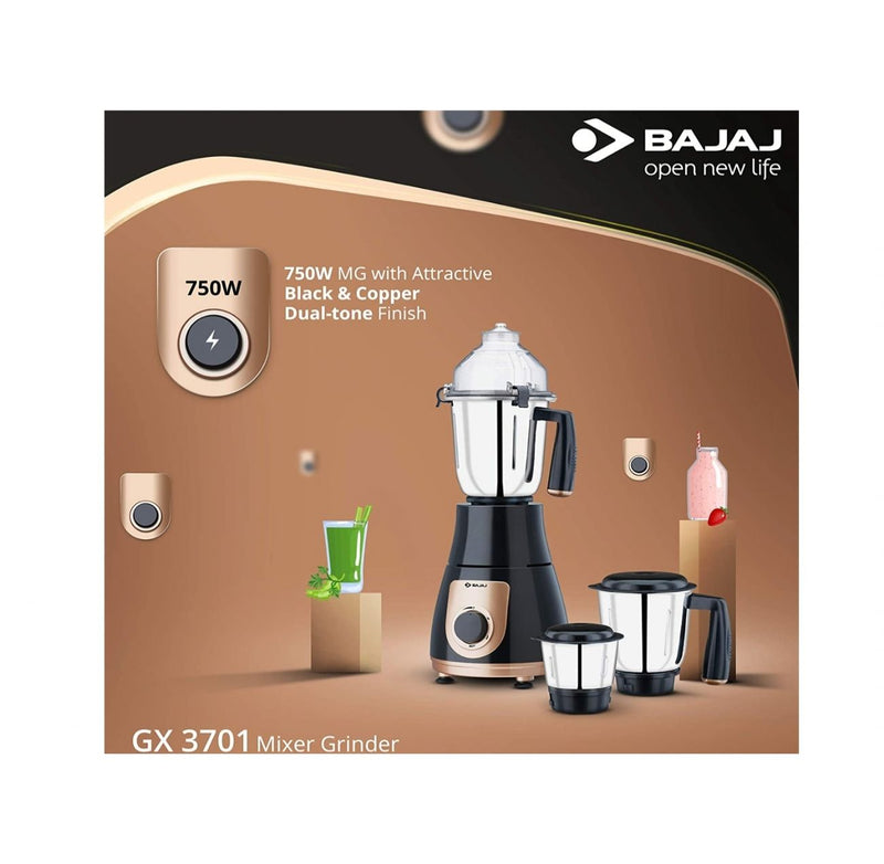 Bajaj GX 3701 750W Mixer Grinder with 3 Jars, Black shop at www.buyyzo.com and get  real cash back on bank account and free shipping all over india