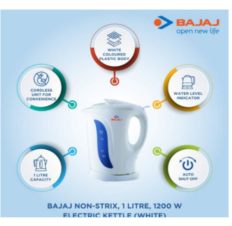 Bajaj 1-Litre 1200-Watt cordless Kettle, White buyyzo