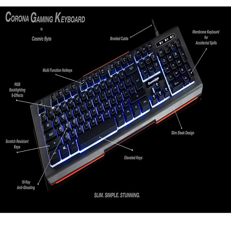 Cosmic Byte CB-GK-02 Corona Wired Gaming Keyboard, 7 Color RGB Backlit with Effects, Anti-Ghosting (Black)