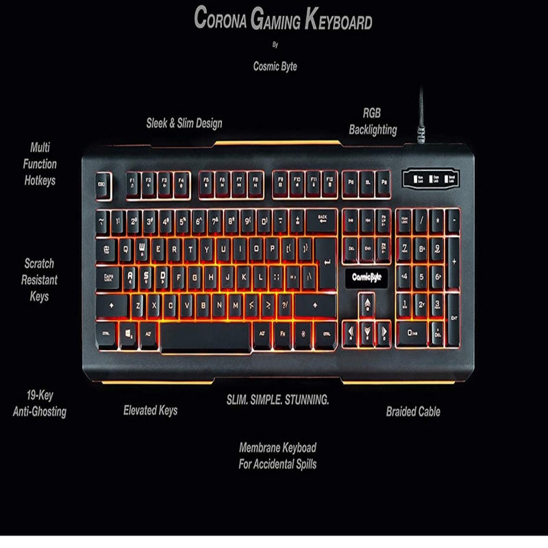 Cosmic Byte CB-GK-02 Corona Wired Gaming Keyboard, 7 Color RGB Backlit with Effects, Anti-Ghosting (Black)