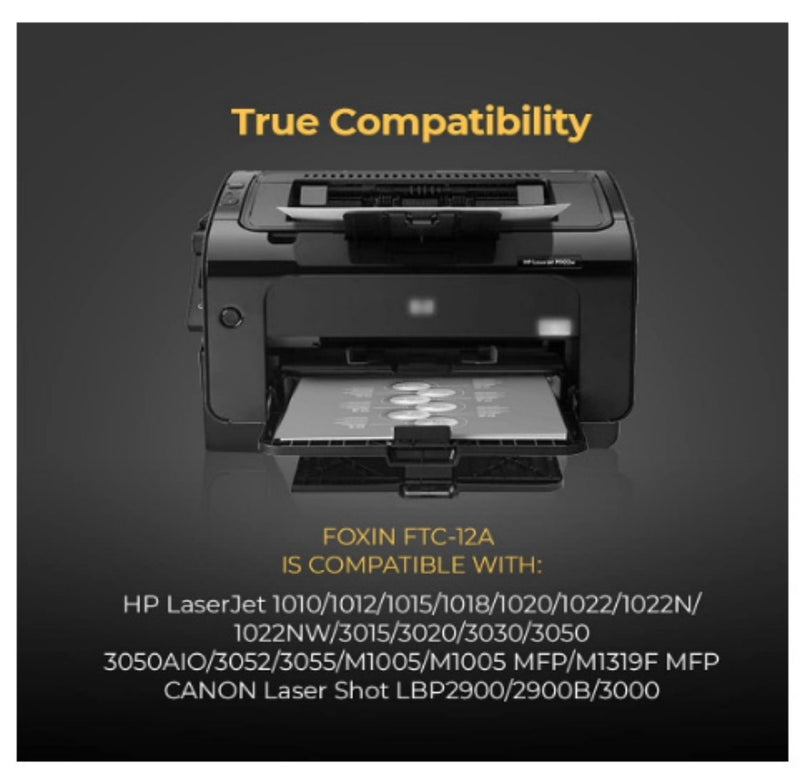 Foxin FTC 12A Laser Toner Cartridge Compatible for 1020,M1005,1018,1010,1012,1015,1020 Plus,1022,3015,3020,3030,3050,3052,3055 (Black) buyyzo