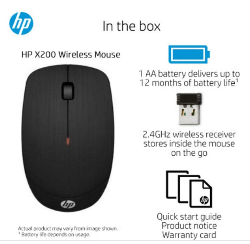 HP X200 Wireless Optical Mouse Adjustable Up to 1600DPI 2.4GHz Connectivity with 3 Buttons Clickable Scroll Wheel and Feature (6VY95AA) BUYYZO