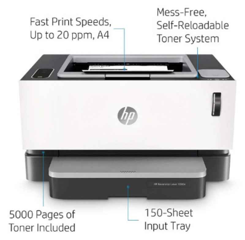 HP Neverstop 1000a Premium Laser Printer, 80% Savings on Genuine Cartridge, Self Reloadable with 5X Inbox Yield, Smart Tasks with HP Smart App, Low Emission Clean Air Quality buyyzo