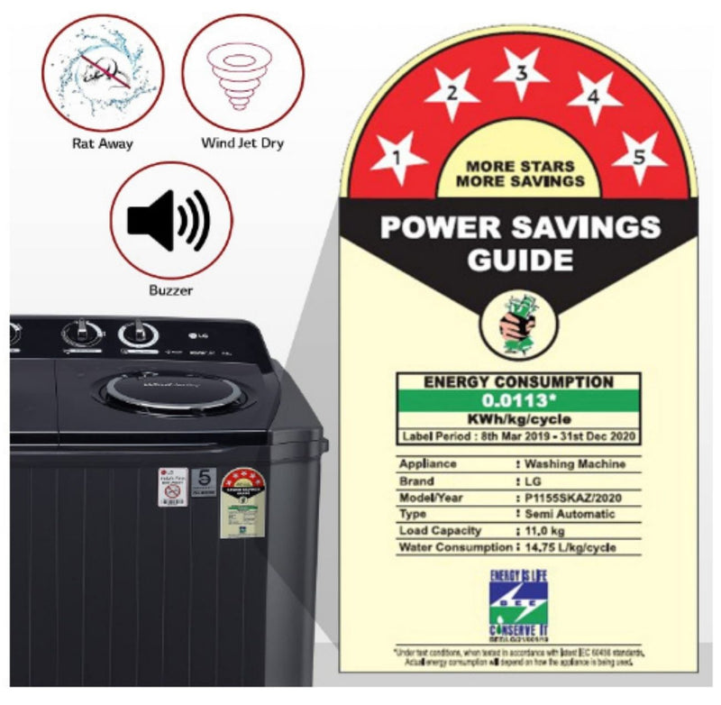 LG 11 kg 5 Star Semi-Automatic Top Loading Washing Machine (P1155SKAZ, Middle Black, Roller Jet Pulsator) buyyzo