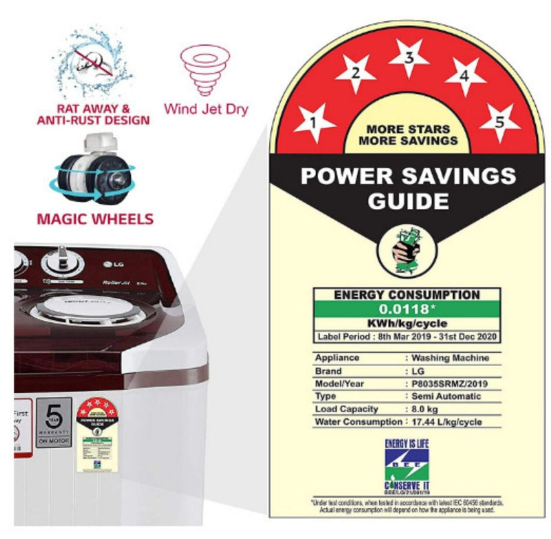 LG 8 Kg 5 Star Semi-Automatic Top Loading Washing Machine (P8030SRAZ, Burgundy, Collar Scrubber) buyyzo