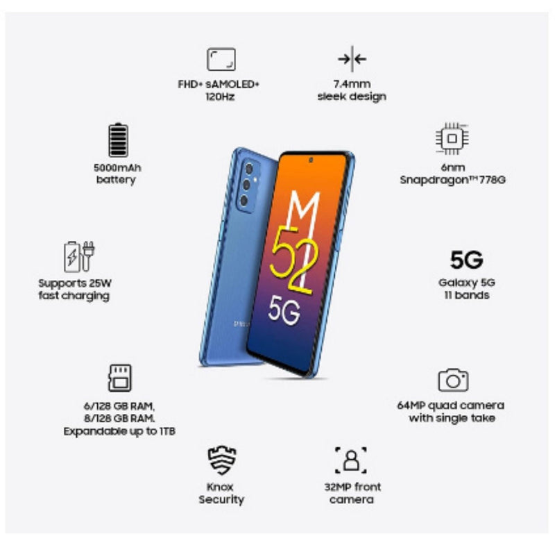 Samsung Galaxy M52 5G (ICY Blue, 6GB RAM, 128GB Storage) Latest Snapdragon 778G 5G buyyzo