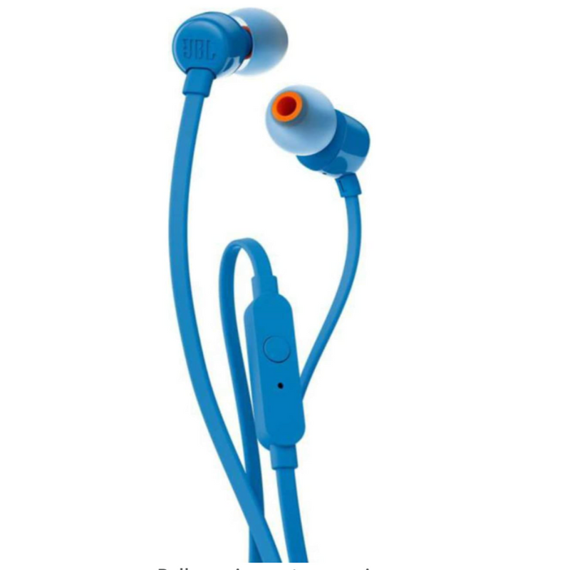 JBL T110 by Harman In-Ear Headphones with Pure Bass, Mic & Tangle Free Flat Cable (Blue)