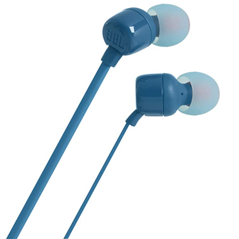 JBL T110 by Harman In-Ear Headphones with Pure Bass, Mic & Tangle Free Flat Cable (Blue)