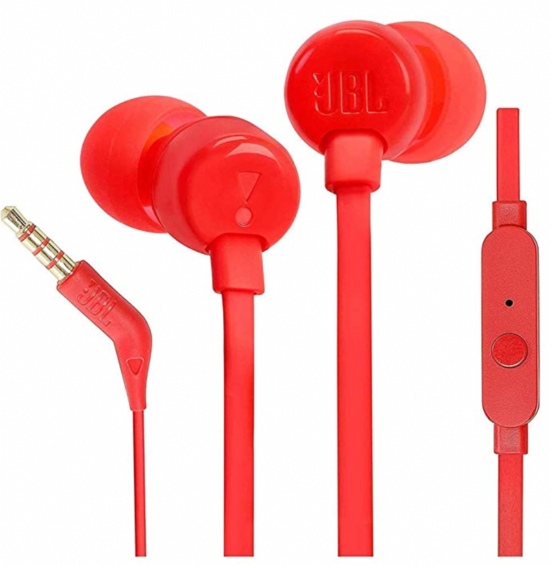 JBL T110 by Harman In-Ear Headphones with Pure Bass, Mic & Tangle Free Flat Cable (Red)