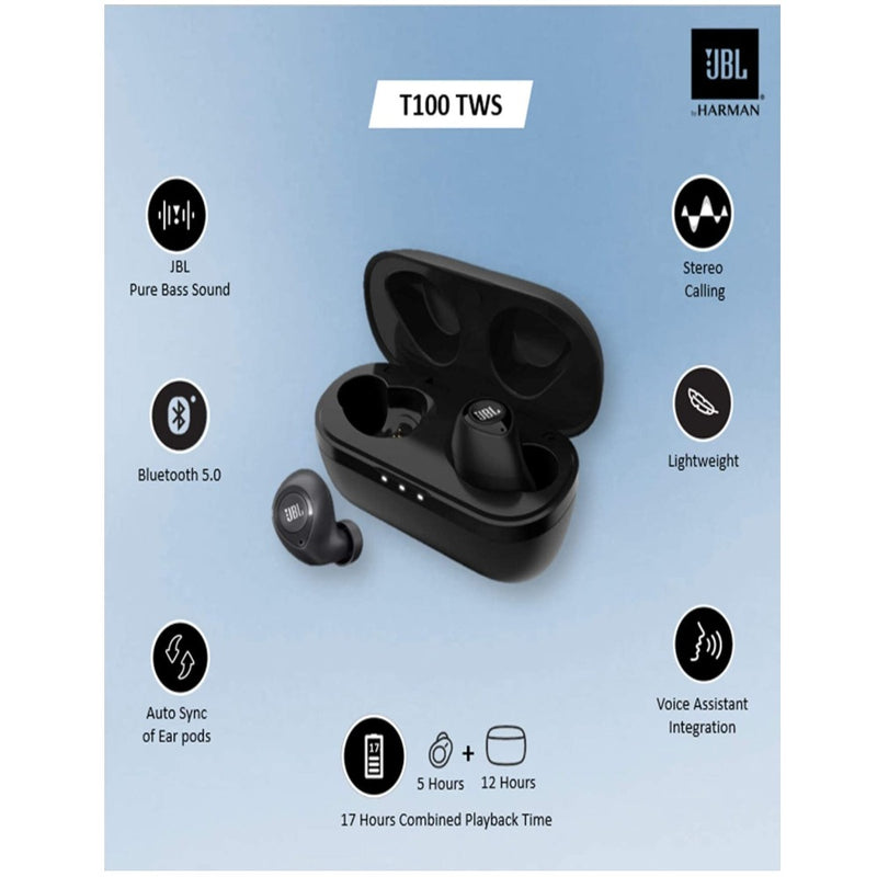 JBL T100TWS by Harman True Wireless in-Ear Headphones with 17 Hours Playtime, Stereo Calls & Bluetooth 5.0 (Black)