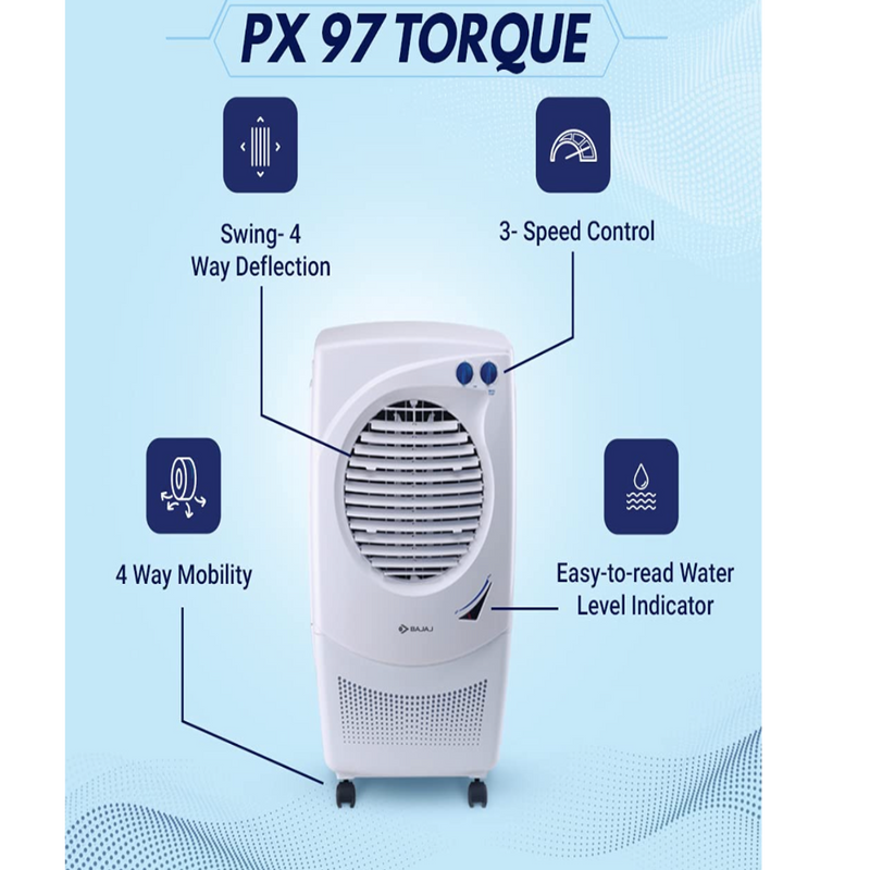 Bajaj Platini PX97 Torque 36-Litres Personal Air Cooler (White)- for Medium Room