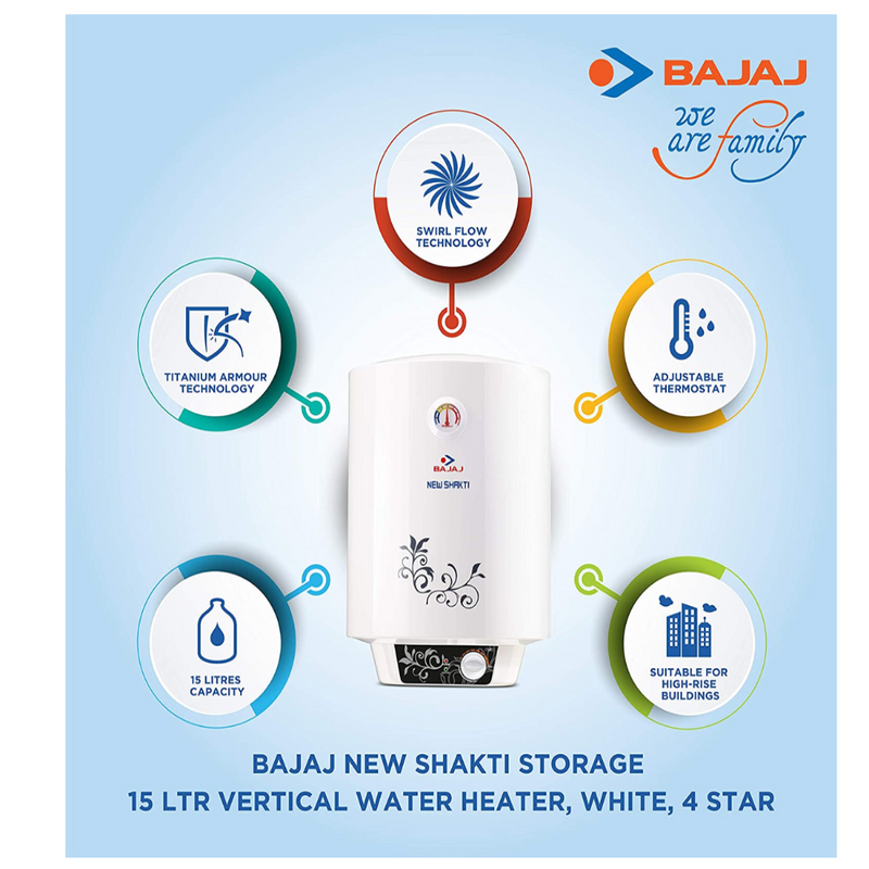 Bajaj New Shakti Storage 10 Litre Vertical Water Heater, White