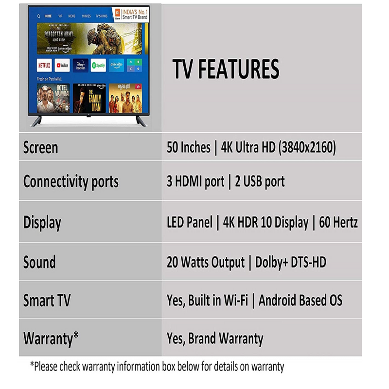 Mi 125.7 cm (50 Inches) 4K Ultra HD Android Smart LED TV 4X|L50M5-5AIN (Black)