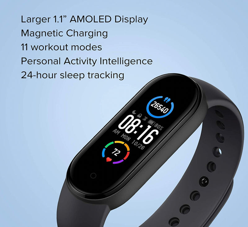 Mi Smart Band 5 – India’s No. 1 Fitness Band, 1.1-inch AMOLED Color Display, Magnetic Charging, 2 Weeks Battery Life, Personal Activity Intelligence (PAI), Women’s Health Tracking