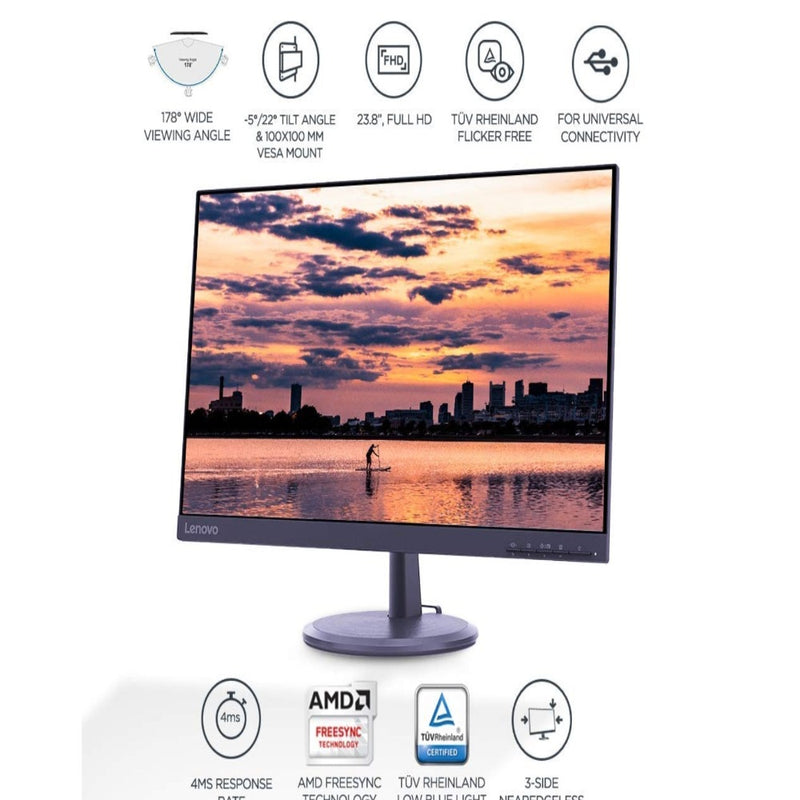 Lenovo D24-20 23.8" Work+Play Near Edgeless Monitor 1920x1080 FHD VA Panel 178° Angle,LEDbacklit,75Hz 4ms Response, AMD FreeSync, 1HDMI, 1VGA Port, AudioOut, VESA Mount