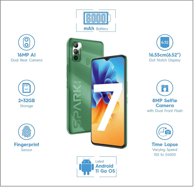 Tecno Spark 7 ( 2GB RAM, 32 GB Storage) - 6000mAh Battery|16 MP Dual Camera| 6.52” Dot Notch Display