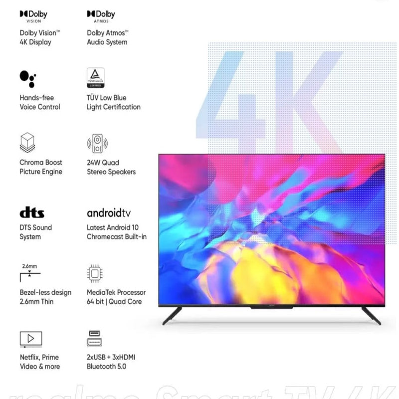 Realme 126 cm (50 inch) Ultra HD (4K) LED Smart Android TV with Handsfree Voice Search and Dolby Vision & Atmos  (RMV2005)