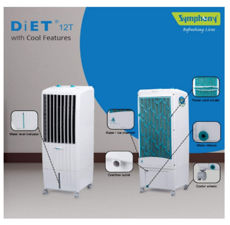 Symphony Diet 12T Personal Tower Air Cooler 12-litres, Multistage Air Purification, Honeycomb Cooling Pad, Powerful Air Throw (White) buyyzo