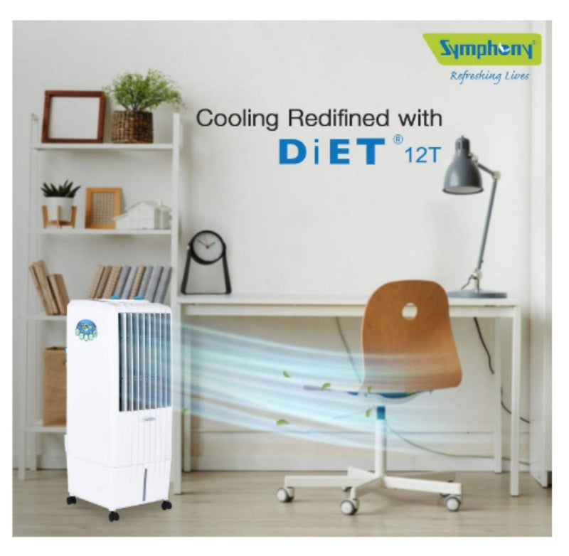 Symphony Diet 12T Personal Tower Air Cooler 12-litres, Multistage Air Purification, Honeycomb Cooling Pad, Powerful Air Throw (White) buyyzo