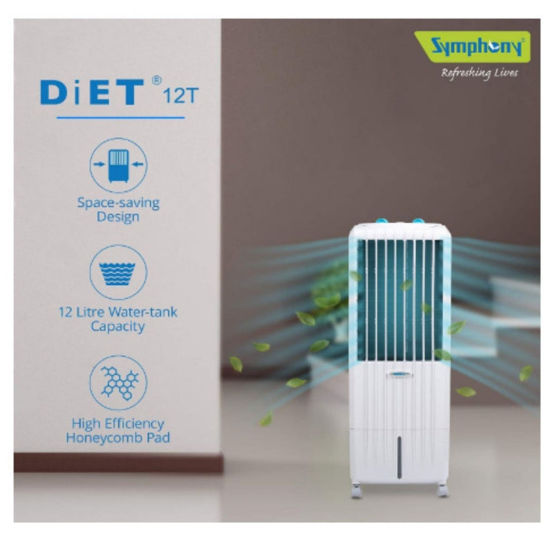 Symphony Diet 12T Personal Tower Air Cooler 12-litres, Multistage Air Purification, Honeycomb Cooling Pad, Powerful Air Throw (White) buyyzo