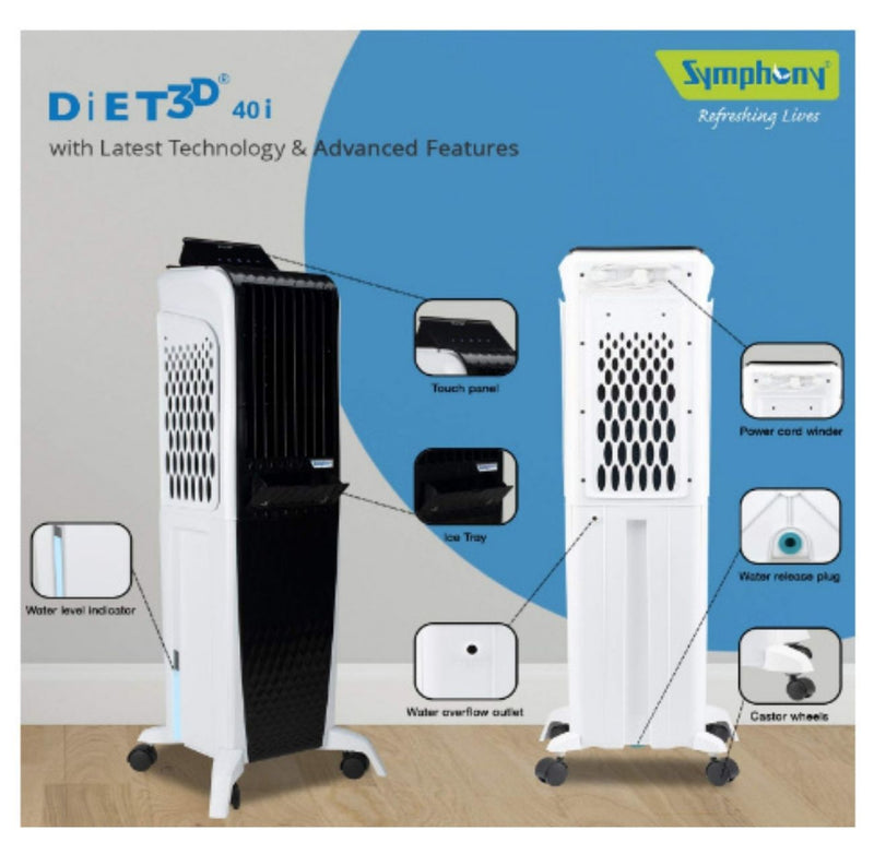 Symphony Diet 3D 40i Tower Air Cooler 40-litres with Magnetic Remote, 3-Side Cooling Pads, Pop-up Touchscreen (Black & White) CASHBACK 39Rs buyyzo