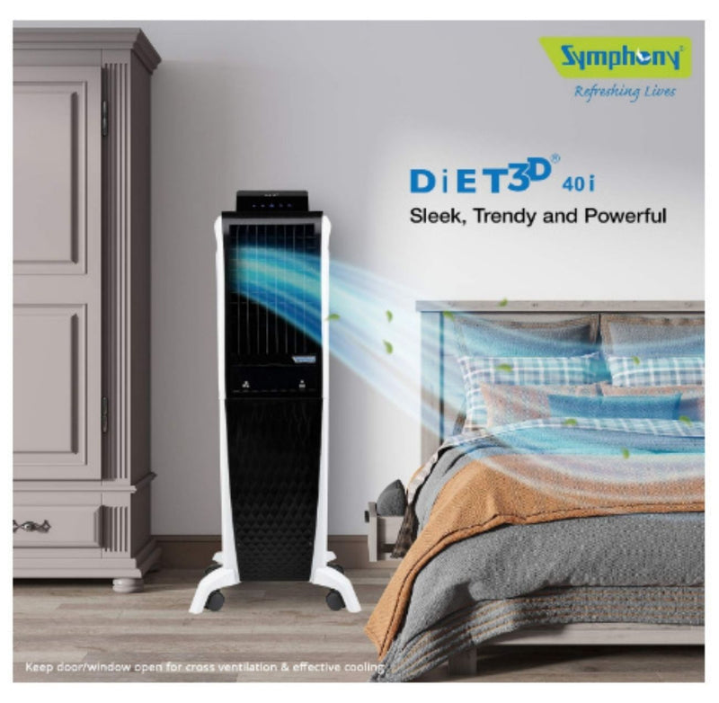 Symphony Diet 3D 40i Tower Air Cooler 40-litres with Magnetic Remote, 3-Side Cooling Pads, Pop-up Touchscreen (Black & White) CASHBACK 39Rs buyyzo